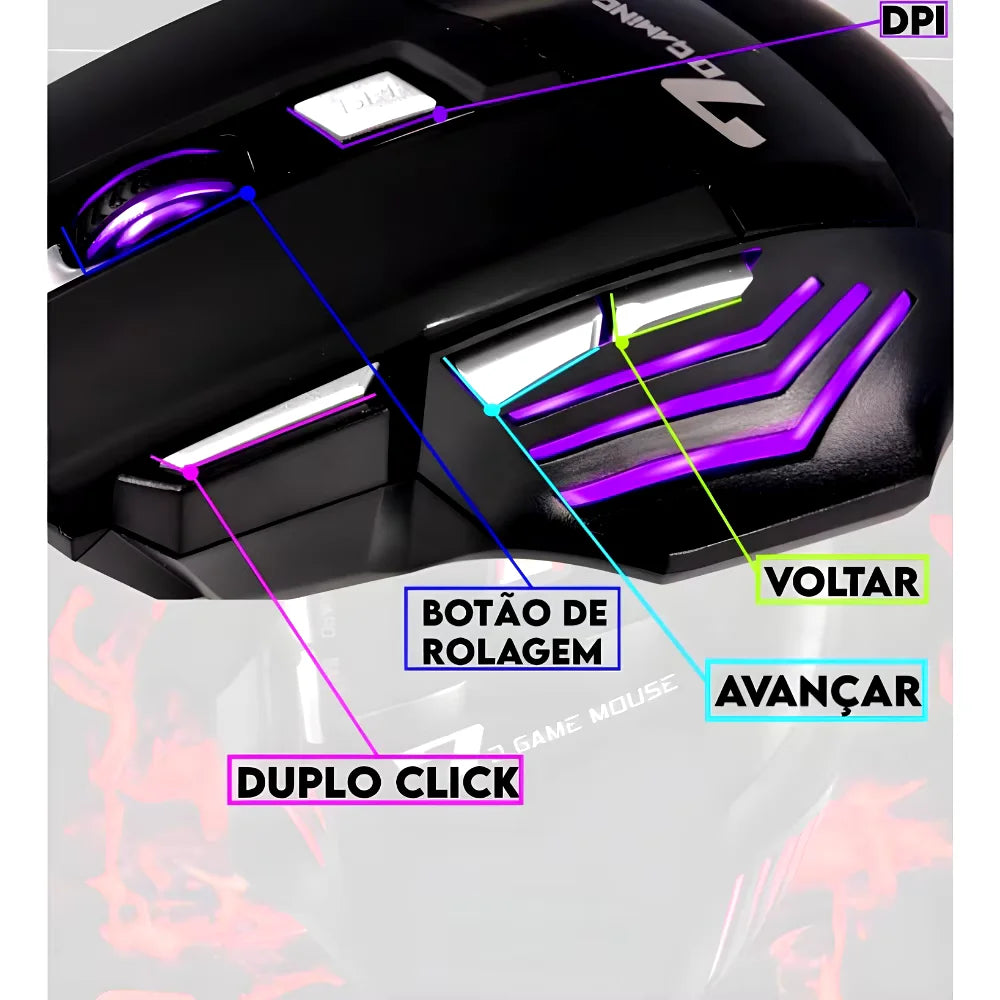 Led mouse para gamer, usb, 7 jogadores, profissional