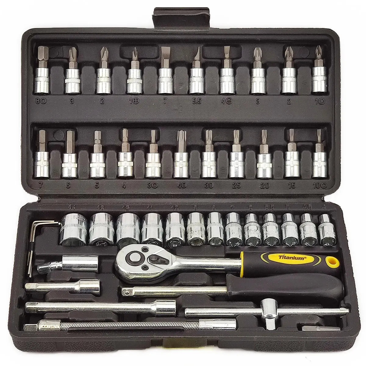 Kit de Ferramentas - 46 Peças c/ Maleta, Chave Catraca, Soquetes e Acessórios para Reparos Profissionais e Domésticos!