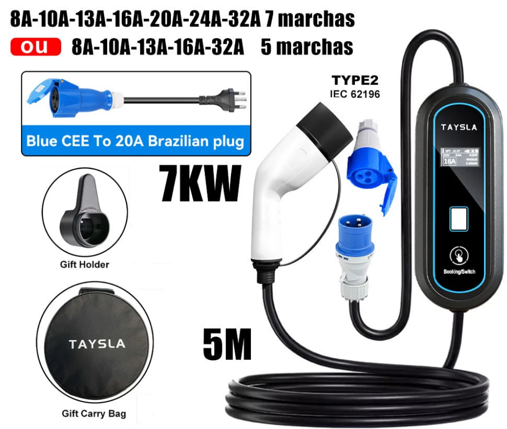 Carregador Carro Elétrico TAYSLA Tipo 2 7kW 32A Portátil EV Carregador 3.5kW