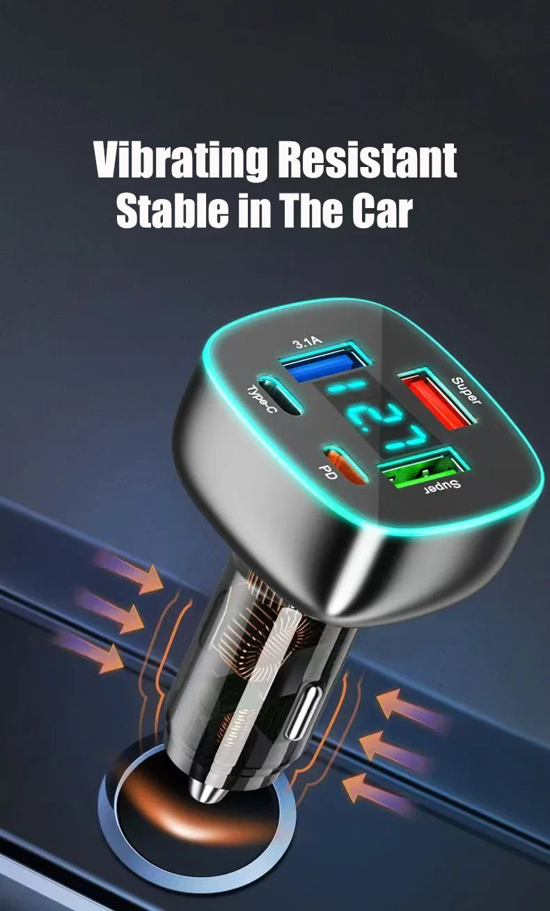 Adaptador de Carregador de Carro USB C Super Rápido com Display de Voltagem, PD