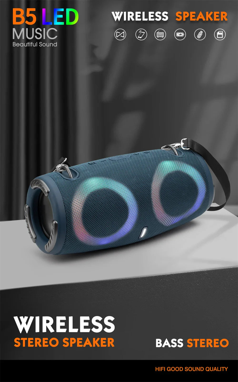 Alto-falante Bluetooth portátil à prova d'água, alta potência, luz color