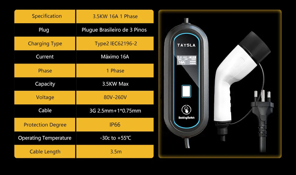 Carregador Carro Elétrico TAYSLA Tipo 2 7kW 32A Portátil EV Carregador 3.5kW