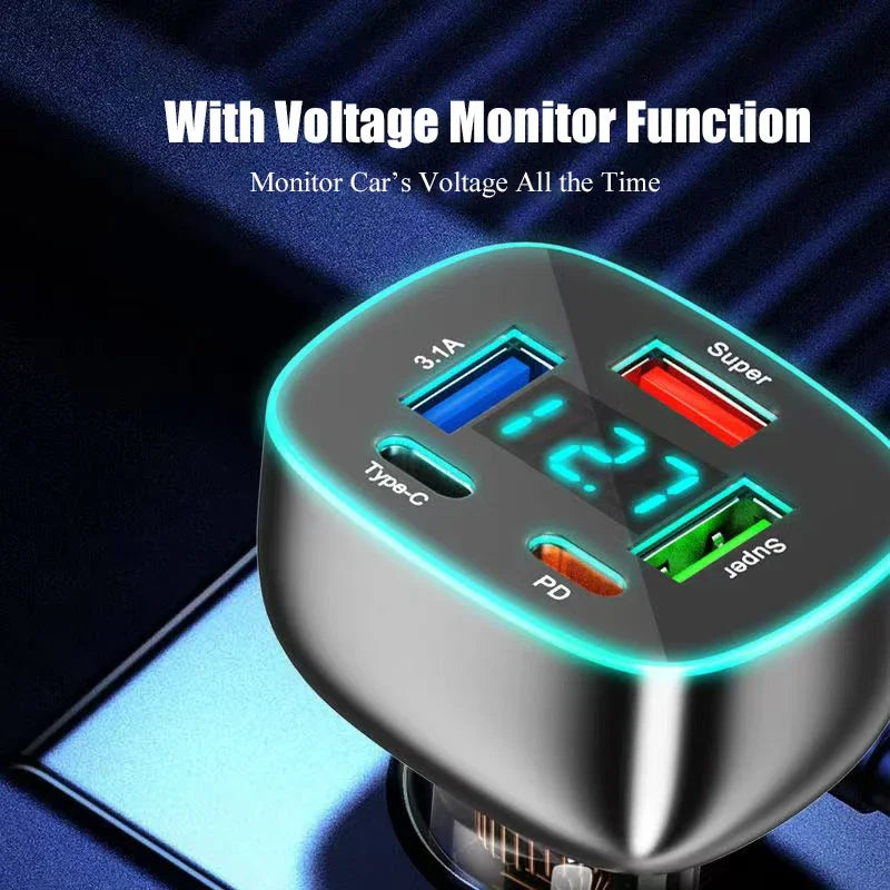 Adaptador de Carregador de Carro USB C Super Rápido com Display de Voltagem, PD