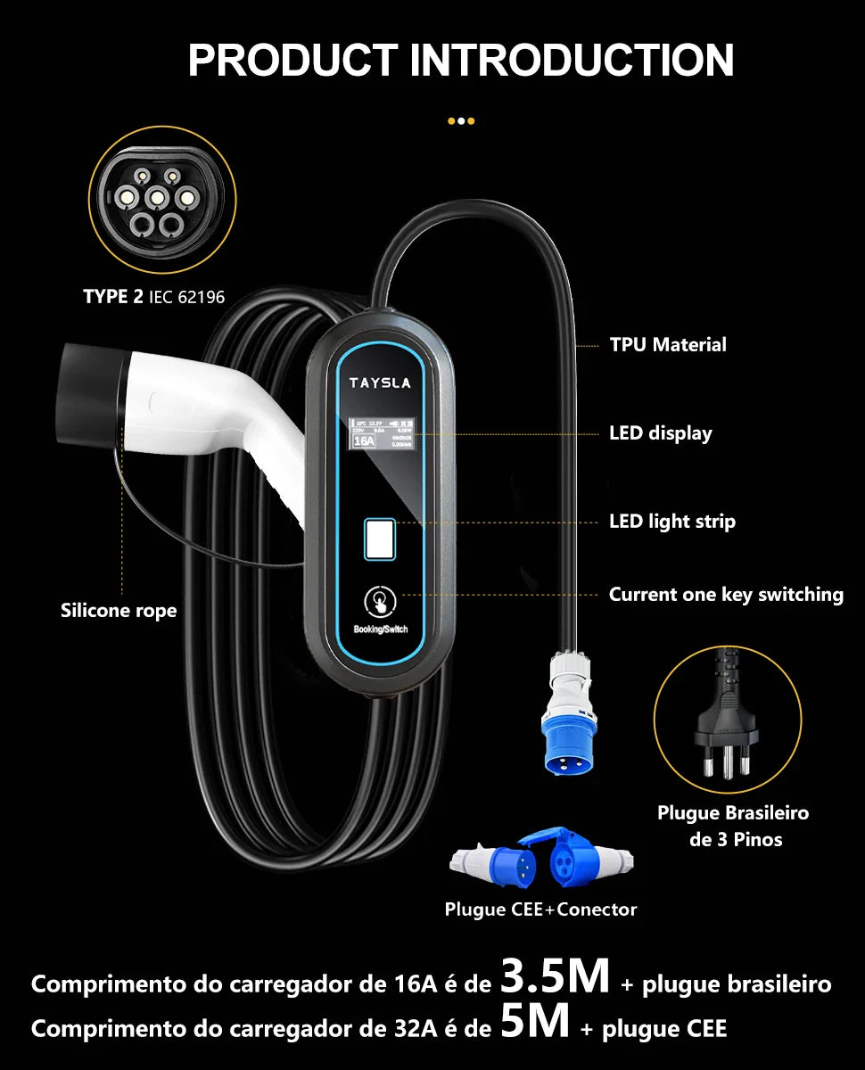 Carregador Carro Elétrico TAYSLA Tipo 2 7kW 32A Portátil EV Carregador 3.5kW
