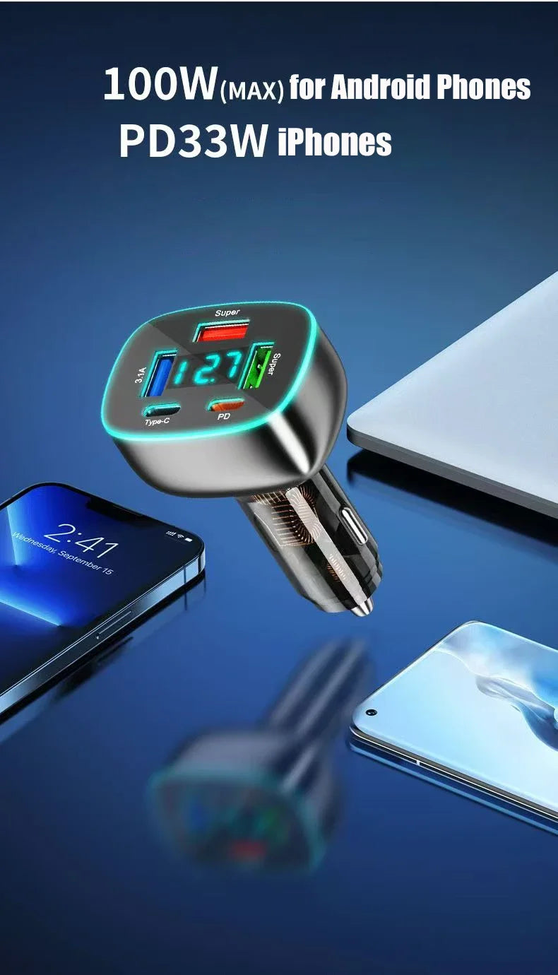 Adaptador de Carregador de Carro USB C Super Rápido com Display de Voltagem, PD