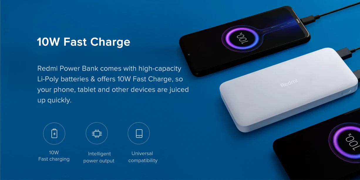 Xiaomi Redmi 10000 mAh Power Bank Carregador USB duplo portátil USB-C Adequado
