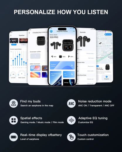ANC, Auscultadores com Cancelamento de Ruído, HiFi, Bluetooth 5.3, Suporte App,