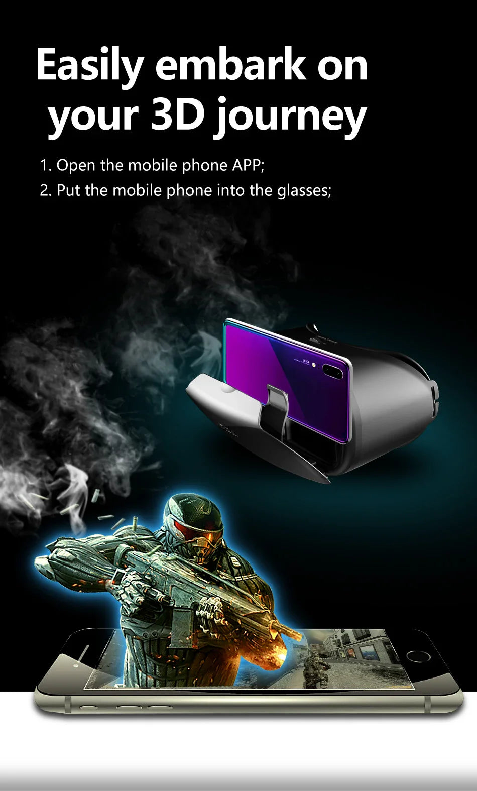 Óculos de realidade virtual para iPhone Smartphone Android, capacete 3D com len
