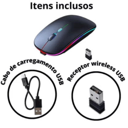 Mouse Sem Fio Recarregável Wireles Optico Led Rgb Ergonômico
