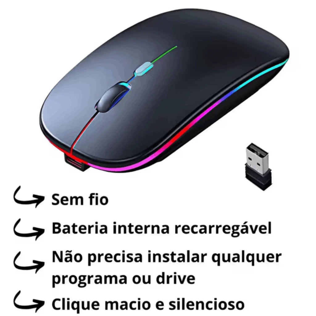 Mouse Sem Fio Recarregável Wireles Optico Led Rgb Ergonômico