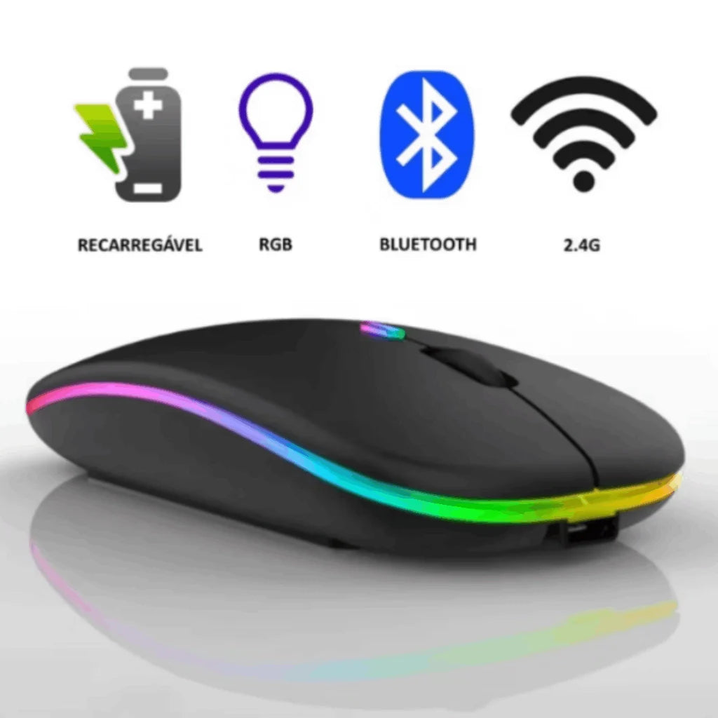 Mouse Sem Fio Recarregável Wireles Optico Led Rgb Ergonômico