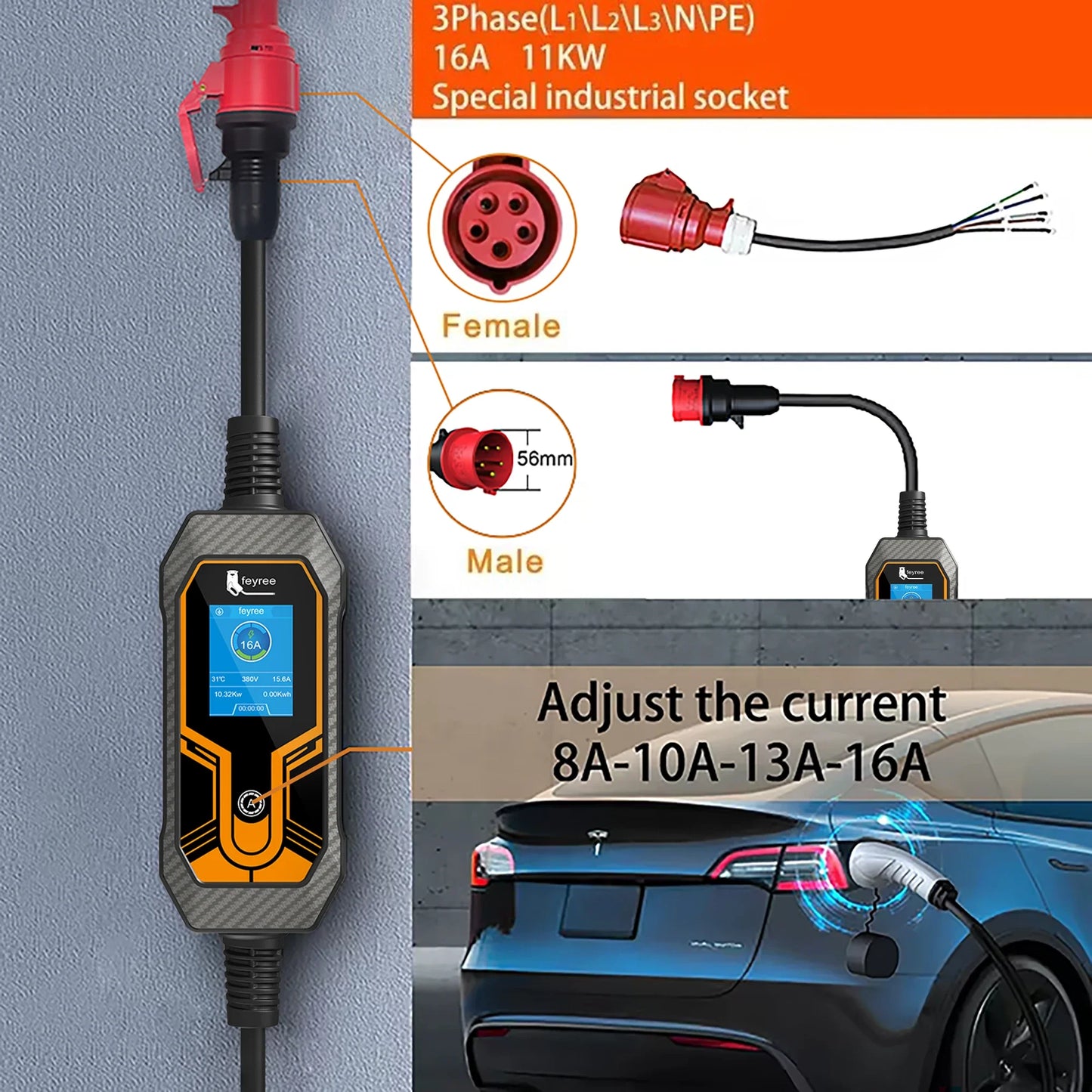 Feyree 32A Carregador Portátil com capacidade de 11KW