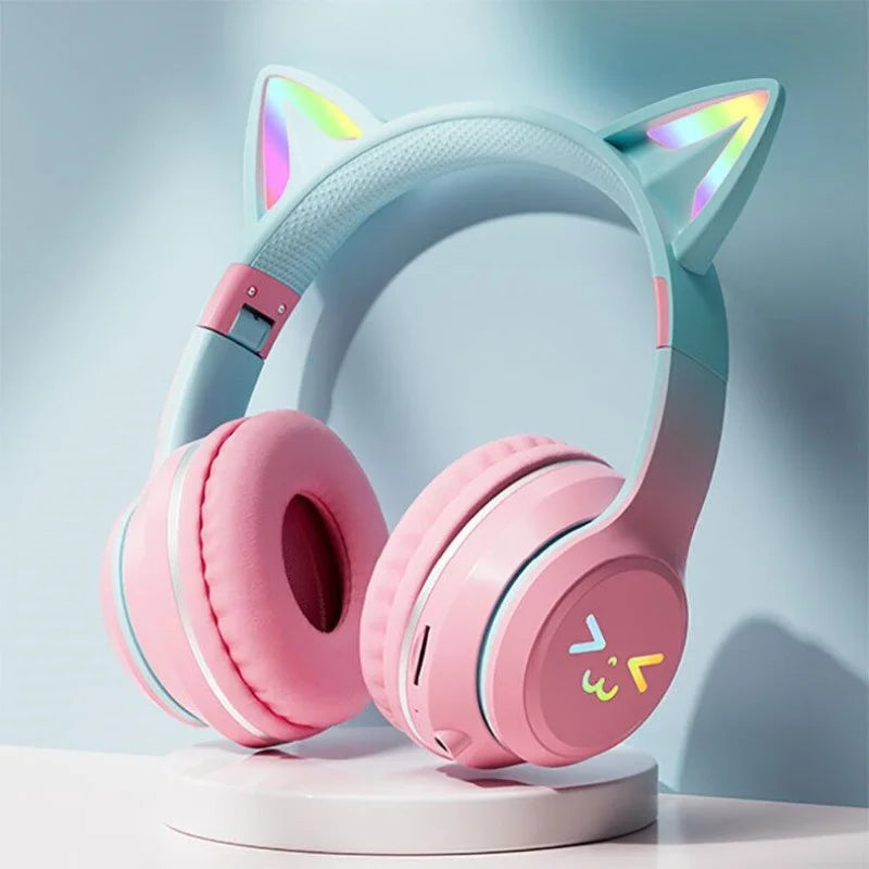 Cat Ear Headsets Bluetooth sem fio, fones de ouvido originais, RGB Brilho com ca