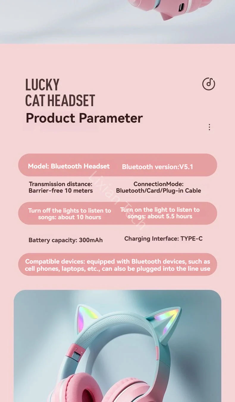 Cat Ear Headsets Bluetooth sem fio, fones de ouvido originais, RGB Brilho com ca