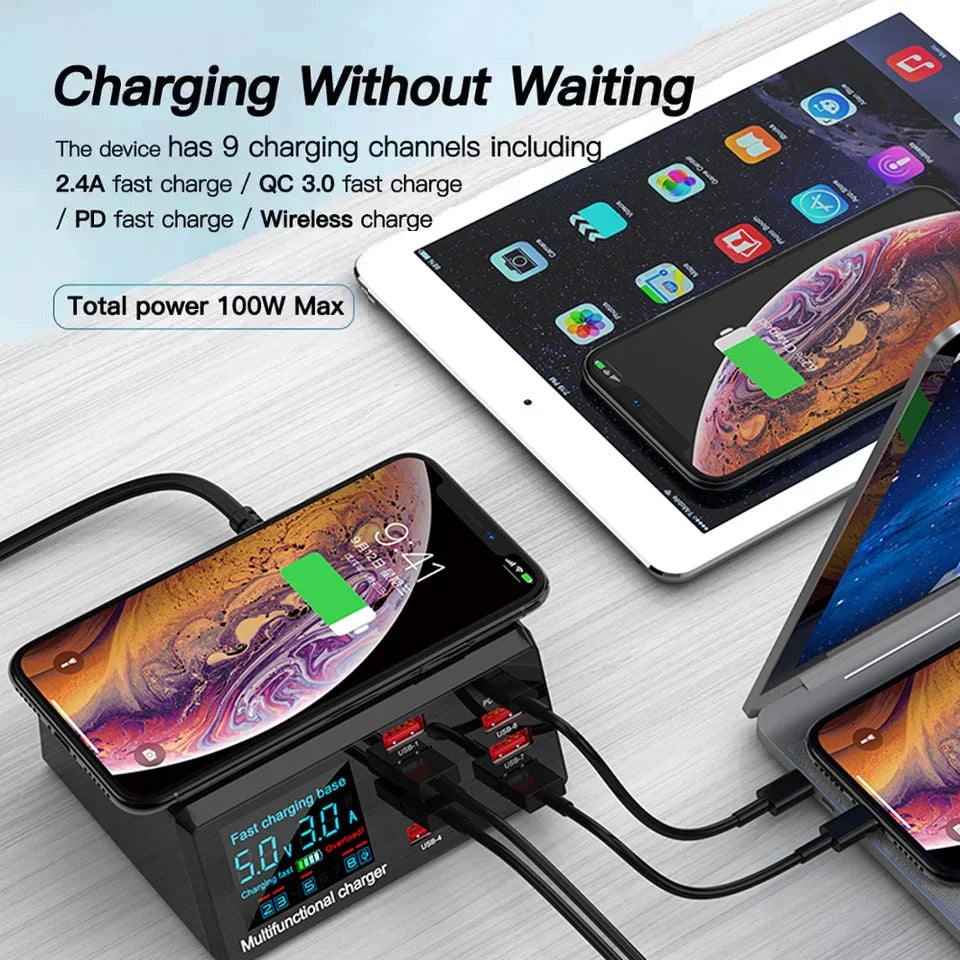 Estação de carregamento USB AIXXCO 8 portas 100W com carregamento sem fio QC3.