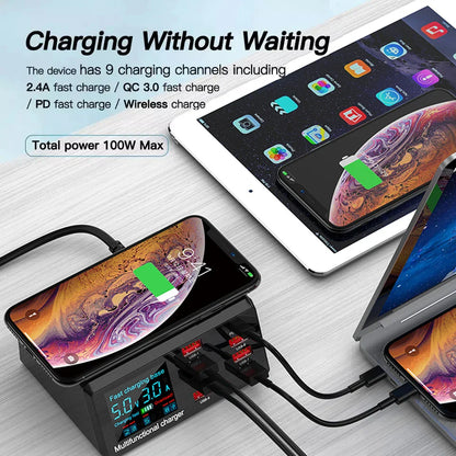 Estação de carregamento USB AIXXCO 8 portas 100W com carregamento sem fio QC3.