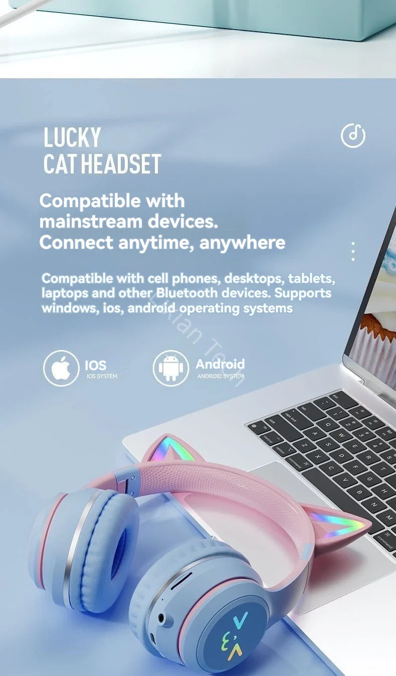 Cat Ear Headsets Bluetooth sem fio, fones de ouvido originais, RGB Brilho com ca