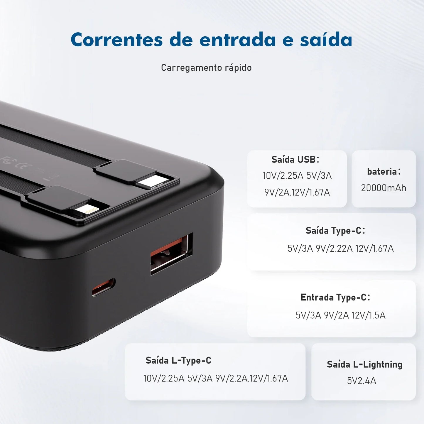 Carregador Portátil 20000mah, Bateria, Powerbank Portátil, Pilhas Recarregáve
