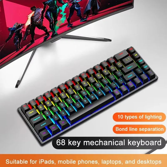 Teclado Mecânico com Fio K68, 10 Tipos de Iluminação Colorida, Jogos e Escrit