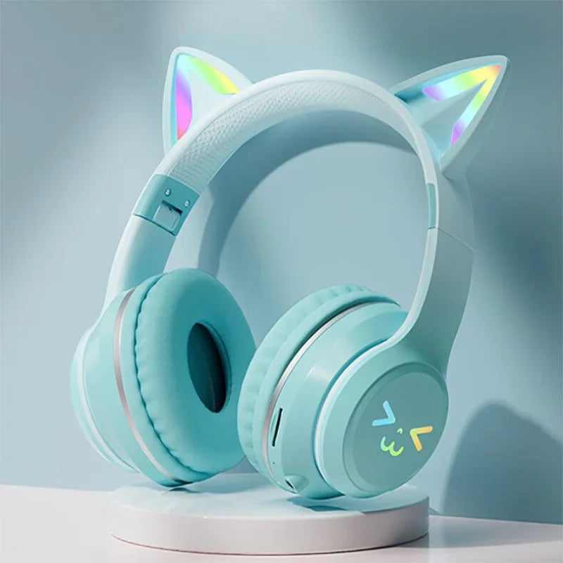 Cat Ear Headsets Bluetooth sem fio, fones de ouvido originais, RGB Brilho com ca