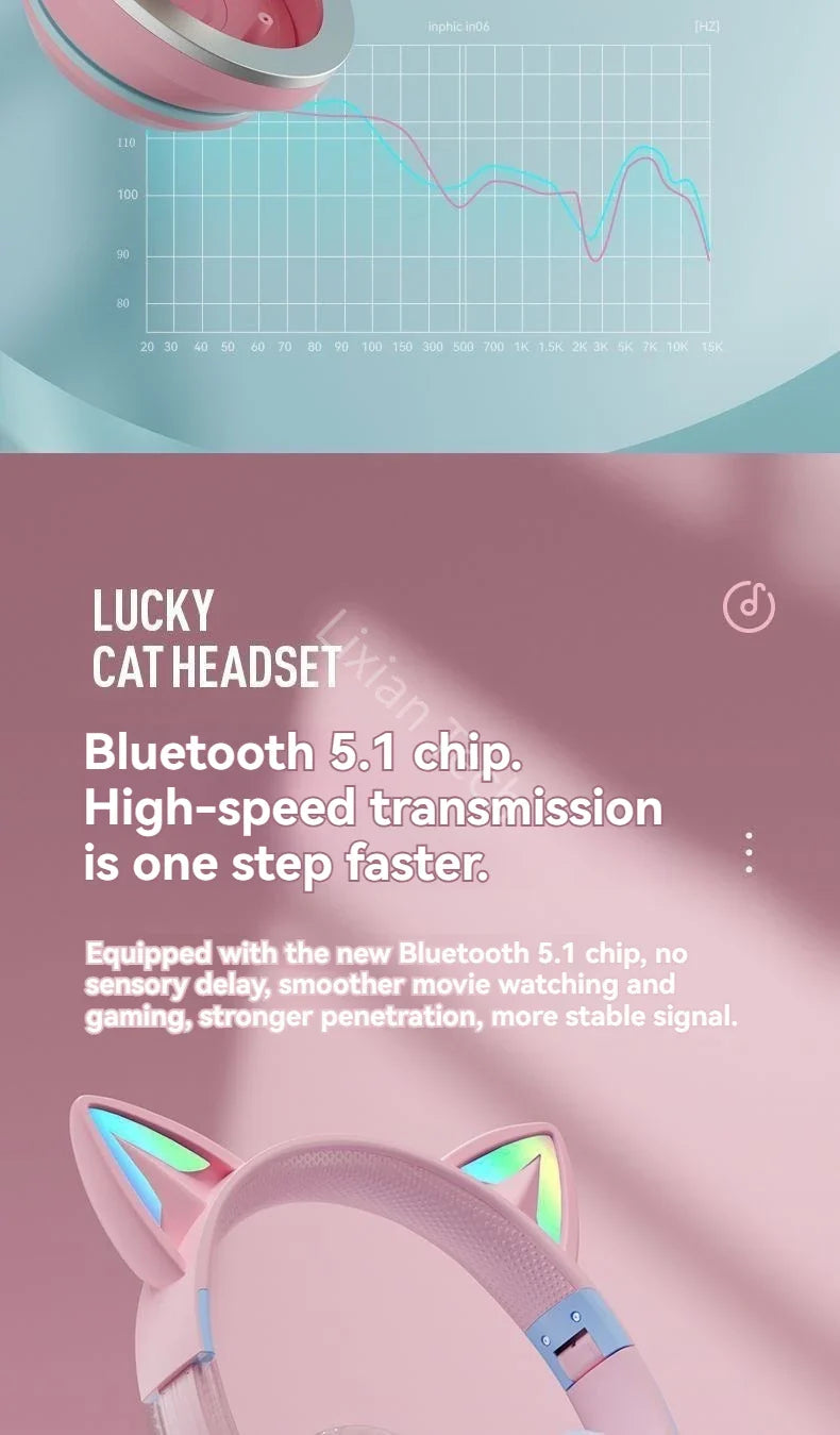 Cat Ear Headsets Bluetooth sem fio, fones de ouvido originais, RGB Brilho com ca