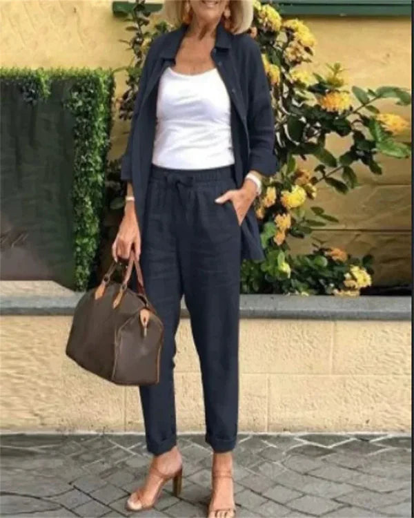 [Pague 1 e leve 2] Conjunto Casual em Linho e Algodão Blusa + Calça {PROMOÇÃO DE OUTONO}