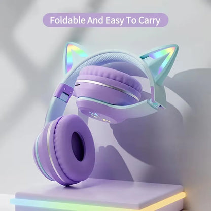 Cat Ear Headsets Bluetooth sem fio, fones de ouvido originais, RGB Brilho com ca