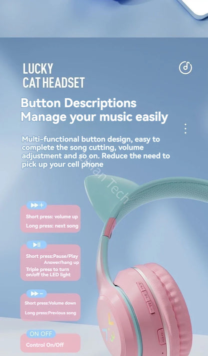 Cat Ear Headsets Bluetooth sem fio, fones de ouvido originais, RGB Brilho com ca