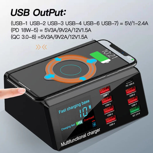 Estação de carregamento USB AIXXCO 8 portas 100W com carregamento sem fio QC3.