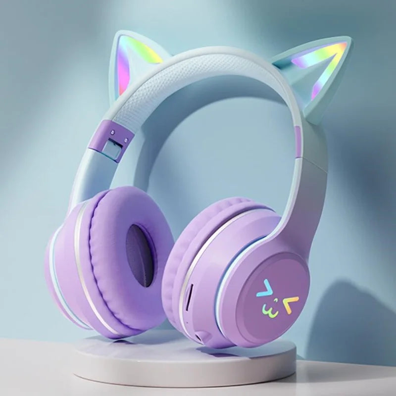 Cat Ear Headsets Bluetooth sem fio, fones de ouvido originais, RGB Brilho com ca