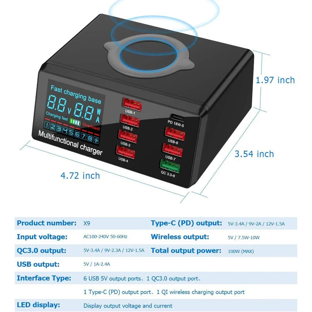 Estação de carregamento USB AIXXCO 8 portas 100W com carregamento sem fio QC3.