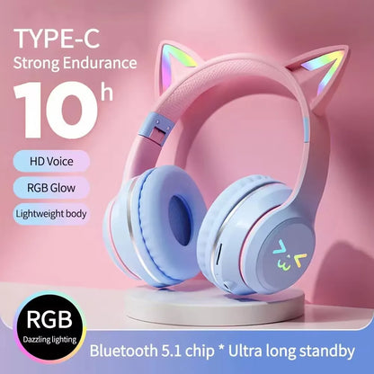 Cat Ear Headsets Bluetooth sem fio, fones de ouvido originais, RGB Brilho com ca