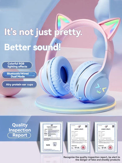 Cat Ear Headsets Bluetooth sem fio, fones de ouvido originais, RGB Brilho com ca