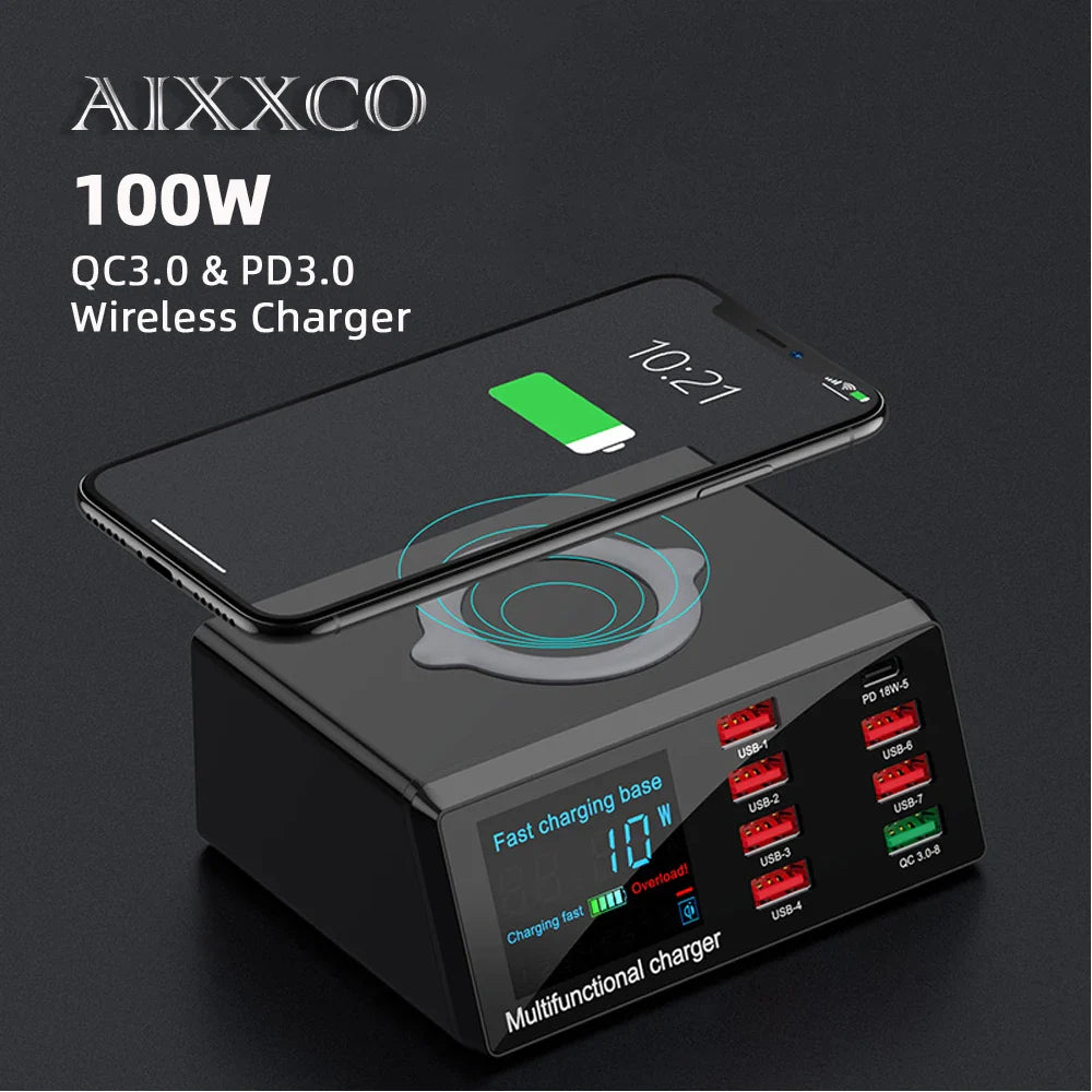 Estação de carregamento USB AIXXCO 8 portas 100W com carregamento sem fio QC3.