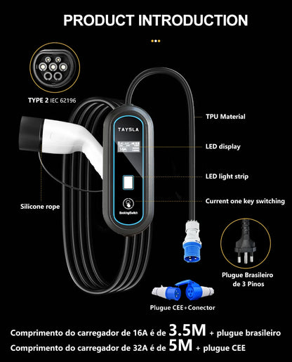 Carregador Carro Elétrico TAYSLA Tipo 2 7kW 32A Portátil EV Carregador 3.5kW