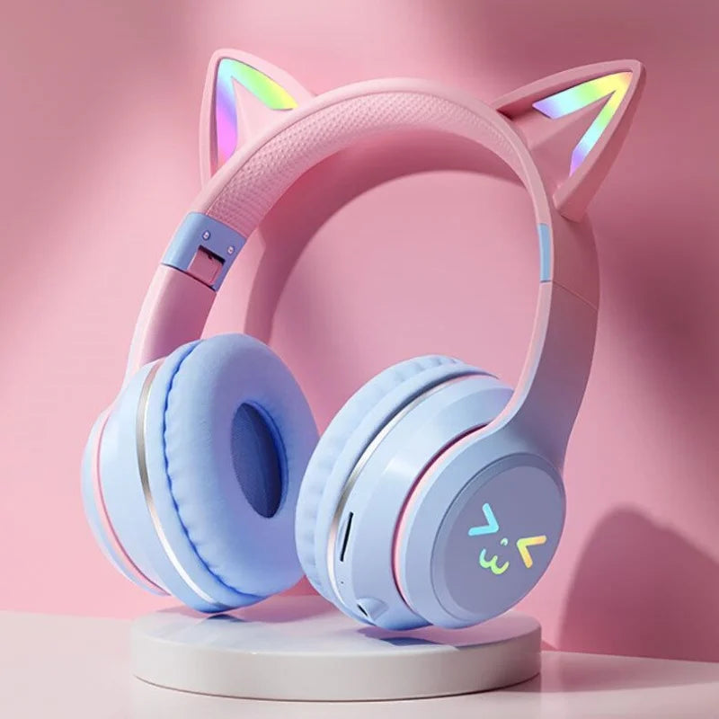 Cat Ear Headsets Bluetooth sem fio, fones de ouvido originais, RGB Brilho com ca