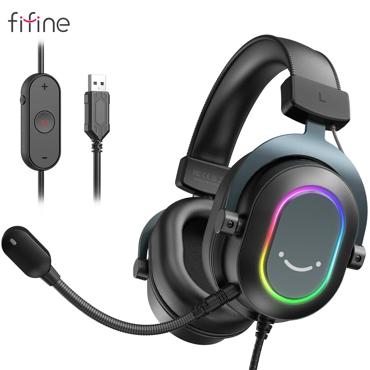 Fifine-Auscultadores Dinâmicos RGB para Jogos com Microfone, Auscultadores Over