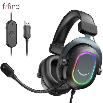 Fifine-Auscultadores Dinâmicos RGB para Jogos com Microfone, Auscultadores Over