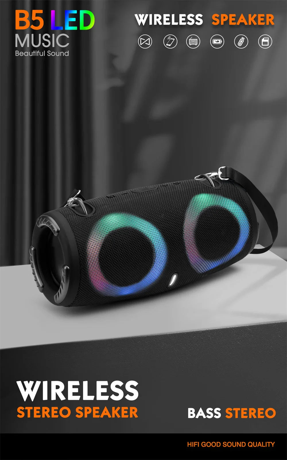 Alto-falante Bluetooth portátil à prova d&#39;água, alta potência, luz color