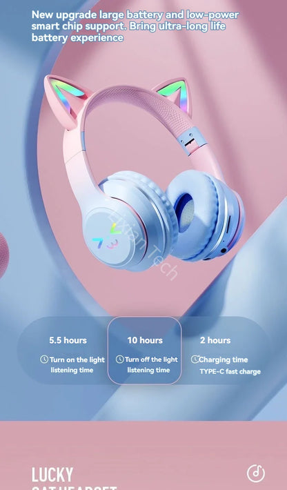 Cat Ear Headsets Bluetooth sem fio, fones de ouvido originais, RGB Brilho com ca