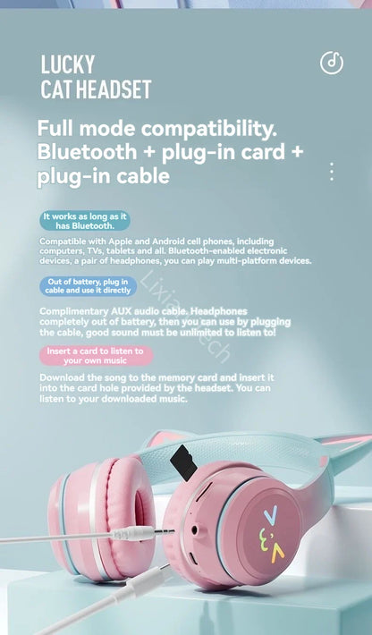 Cat Ear Headsets Bluetooth sem fio, fones de ouvido originais, RGB Brilho com ca