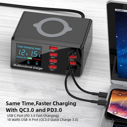 Estação de carregamento USB AIXXCO 8 portas 100W com carregamento sem fio QC3.