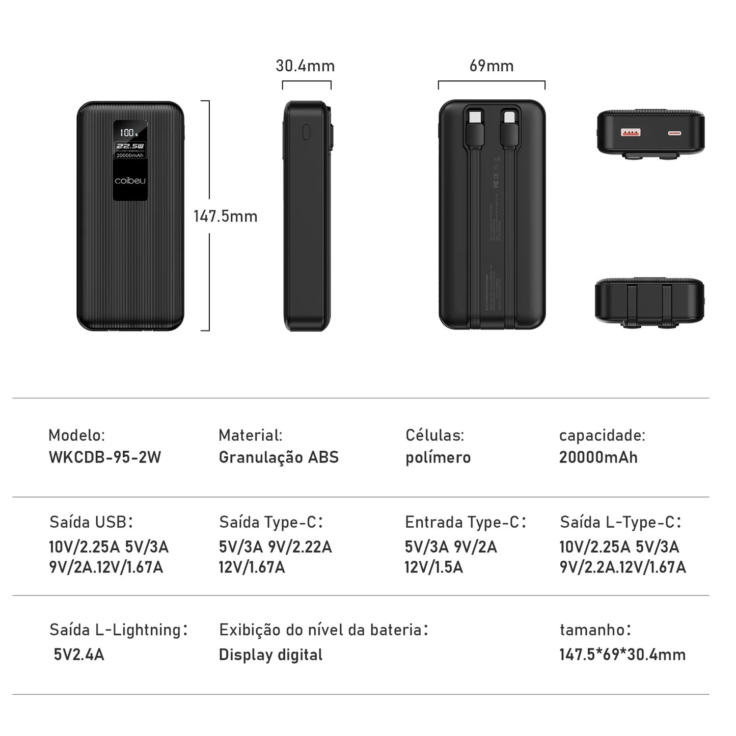 Carregador Portátil 20000mah, Bateria, Powerbank Portátil, Pilhas Recarregáve