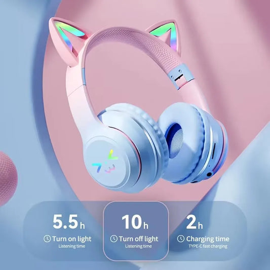 Cat Ear Headsets Bluetooth sem fio, fones de ouvido originais, RGB Brilho com ca