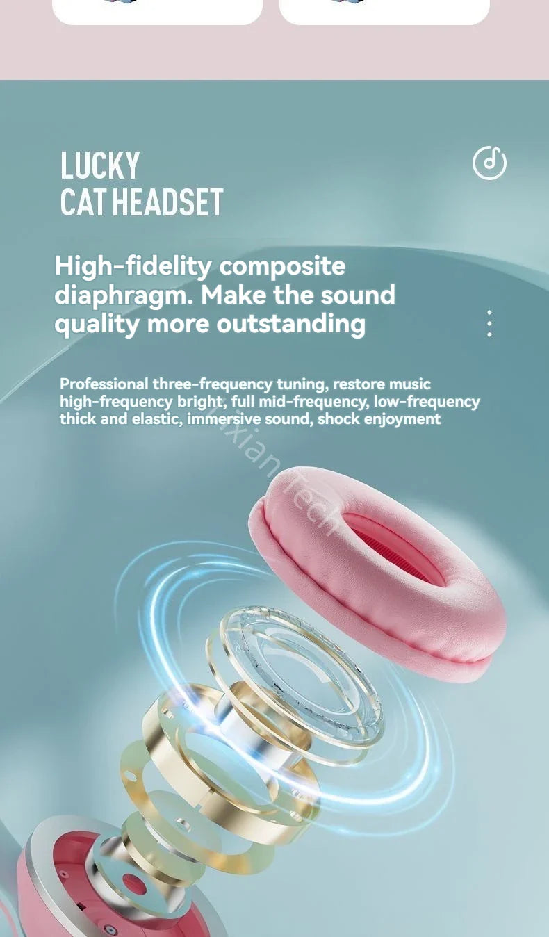 Cat Ear Headsets Bluetooth sem fio, fones de ouvido originais, RGB Brilho com ca