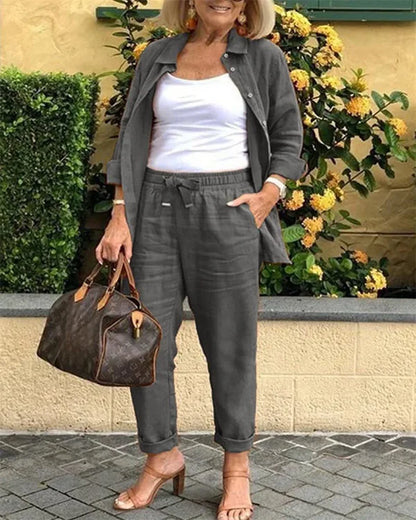 [Pague 1 e leve 2] Conjunto Casual em Linho e Algodão Blusa + Calça {PROMOÇÃO DE OUTONO}
