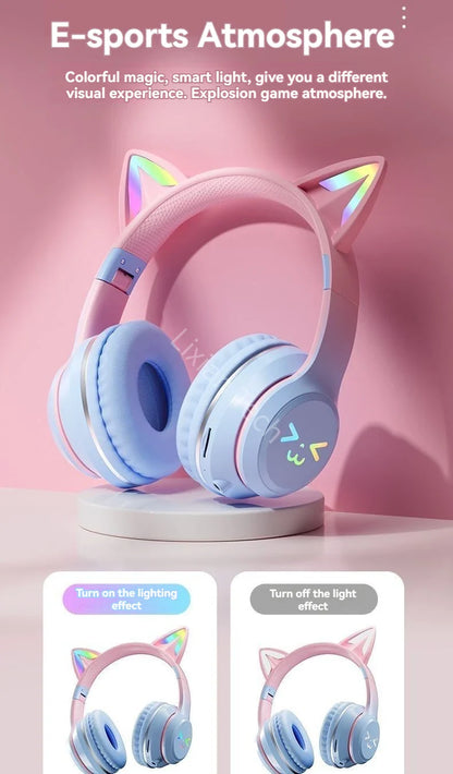 Cat Ear Headsets Bluetooth sem fio, fones de ouvido originais, RGB Brilho com ca