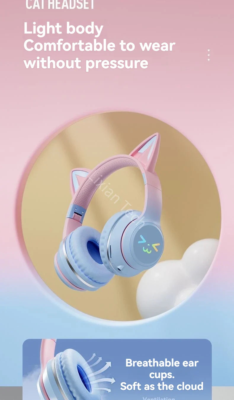 Cat Ear Headsets Bluetooth sem fio, fones de ouvido originais, RGB Brilho com ca