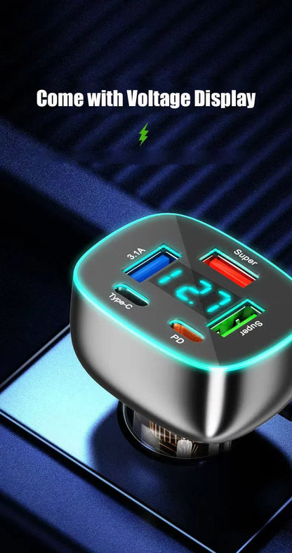 Adaptador de Carregador de Carro USB C Super Rápido com Display de Voltagem, PD
