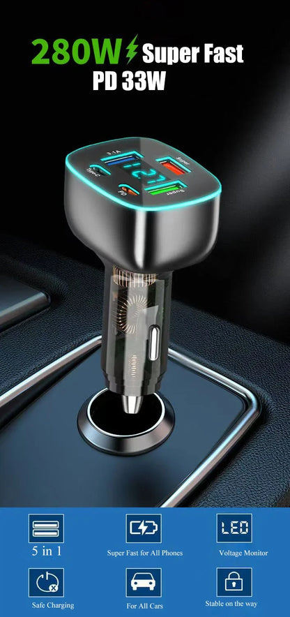 Adaptador de Carregador de Carro USB C Super Rápido com Display de Voltagem, PD
